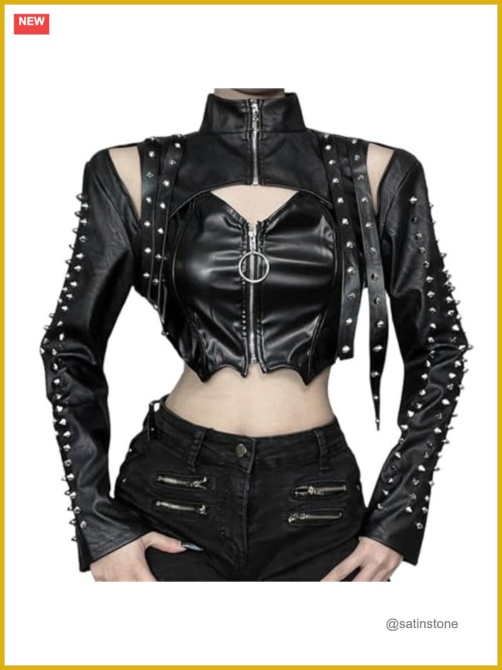 Punk Pleather Bolero Shrug Crop Top Long Sleeve Mock Neck Zipper